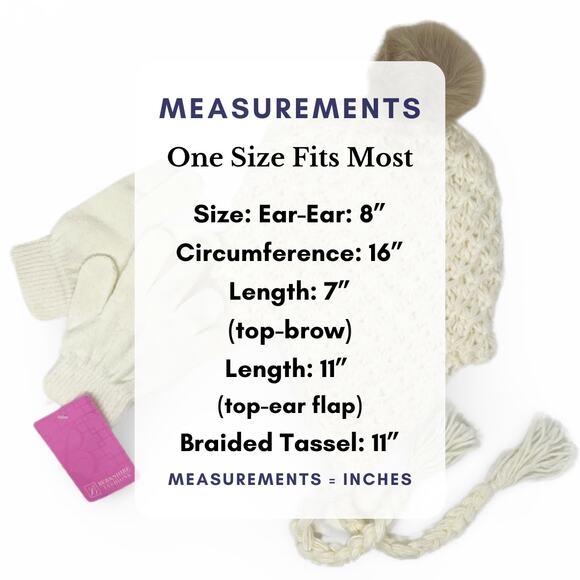 Cream Crochet Winter Hat & Gloves Set Pom Fleece Lined Ski NWT One Size - Picture 5 of 7